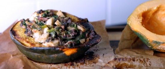 Before and after acorn squash, roasted and stuffed