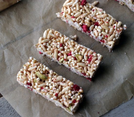 Cheery Raspberry Rice Crispy Bar Three raspberry rice crispy bars - Comfy Belly
