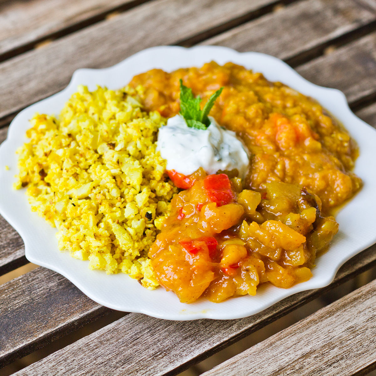 Yellow Cauliflower Rice, Dal, Chutney, and Raita