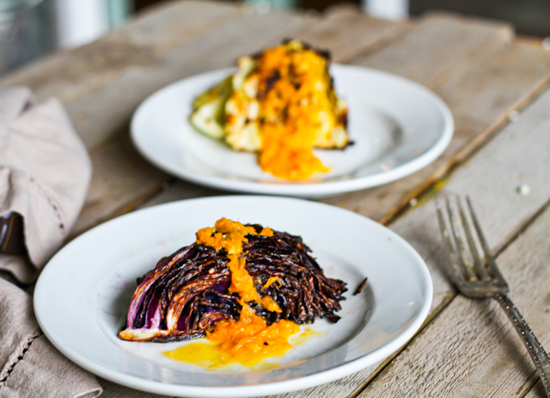 Roasted Cabbage and Carrot Ginger Dressing on plates