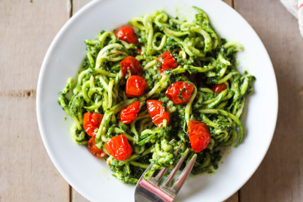 Zucchini Pesto Noodles with Roasted Cherry Tomatoes | Comfy Belly