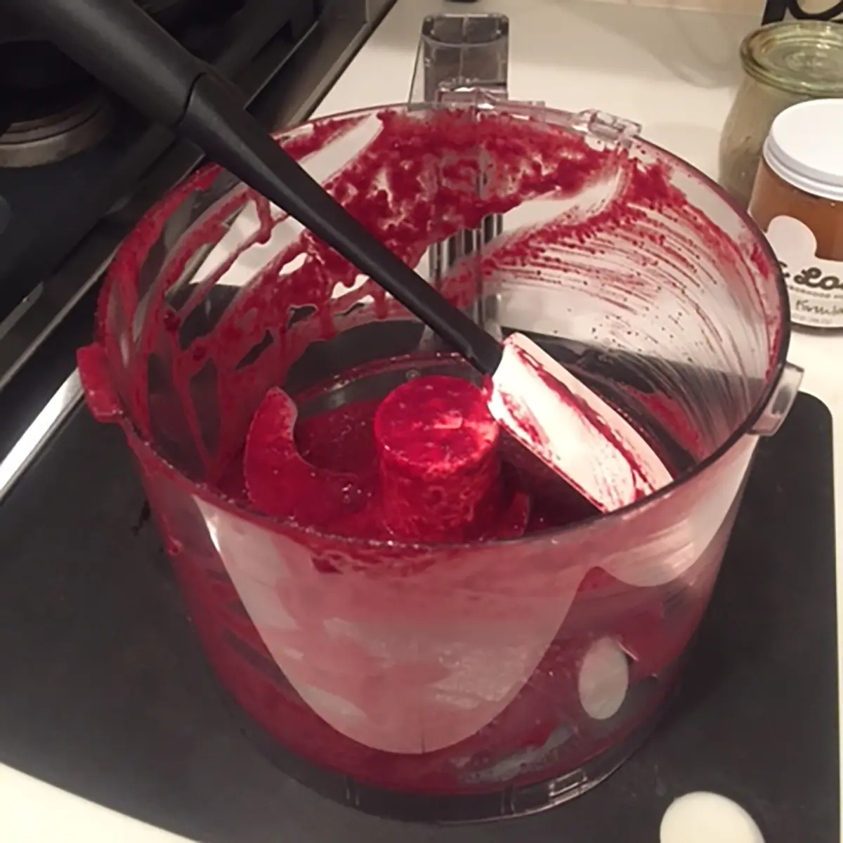 Red Velvet Torte batter in food processor