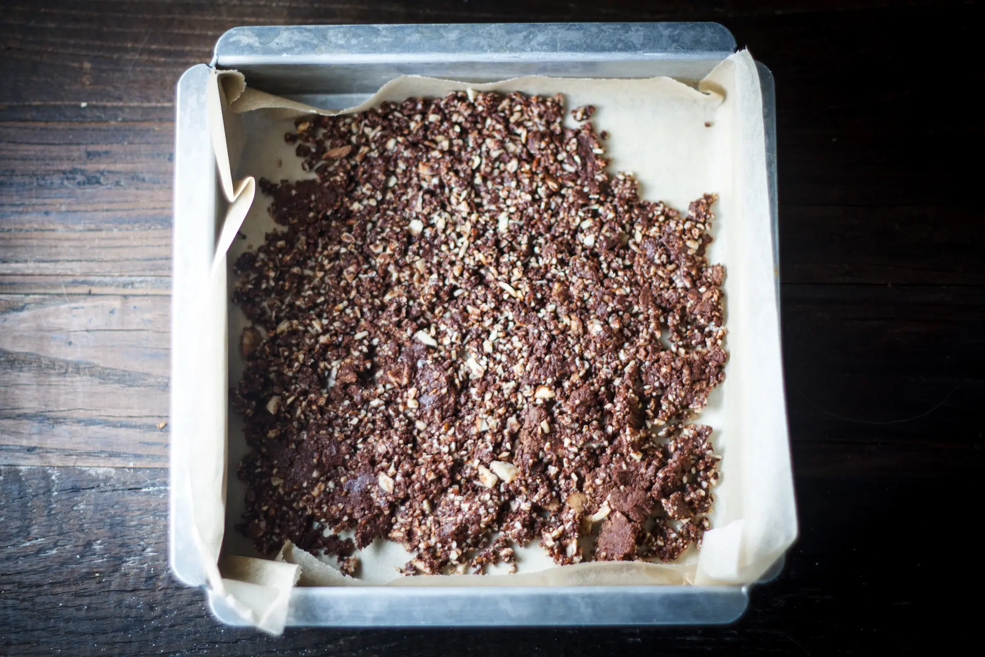 Almond Cocoa Bites in pieces in baking pan