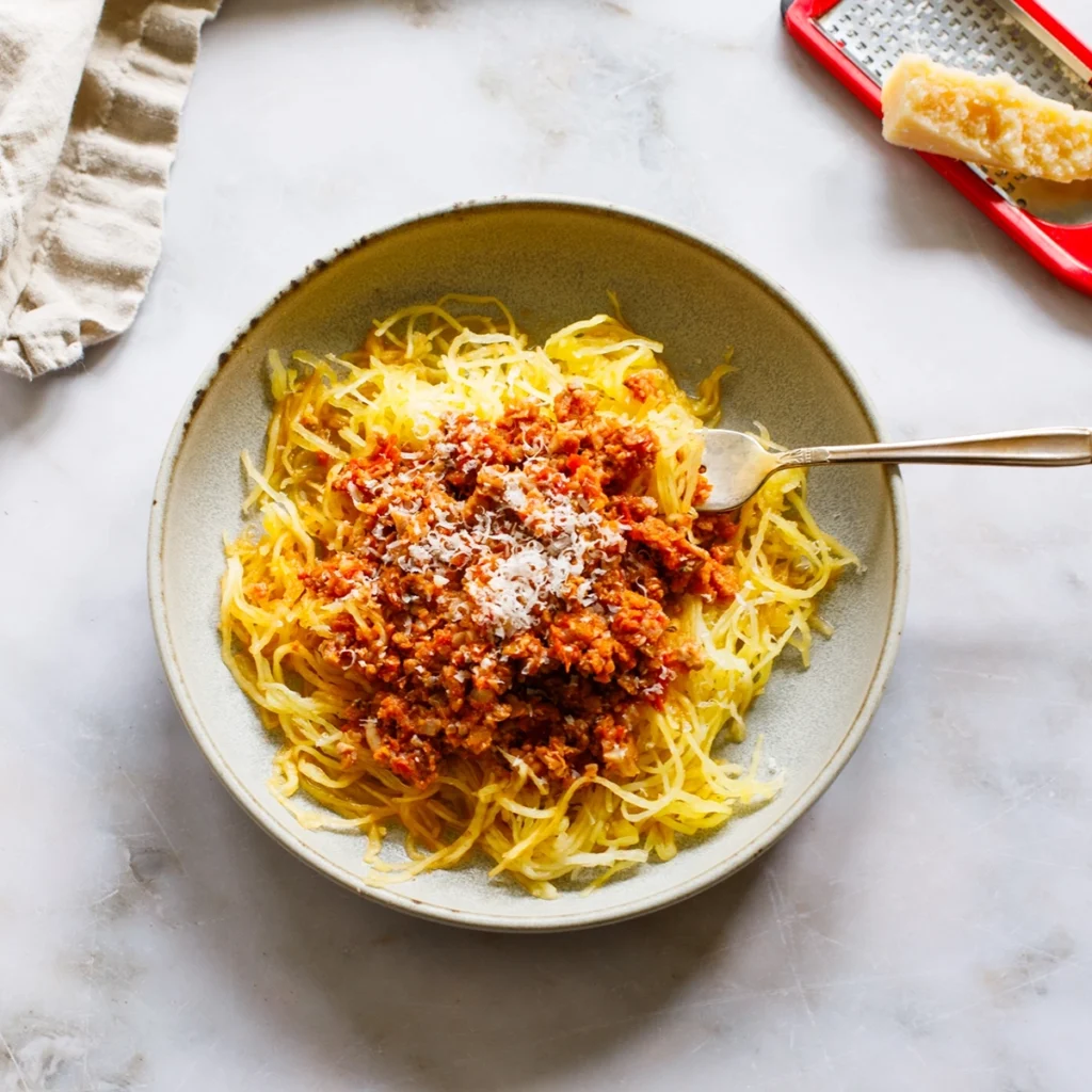 Spaghetti Bolognese overhead image