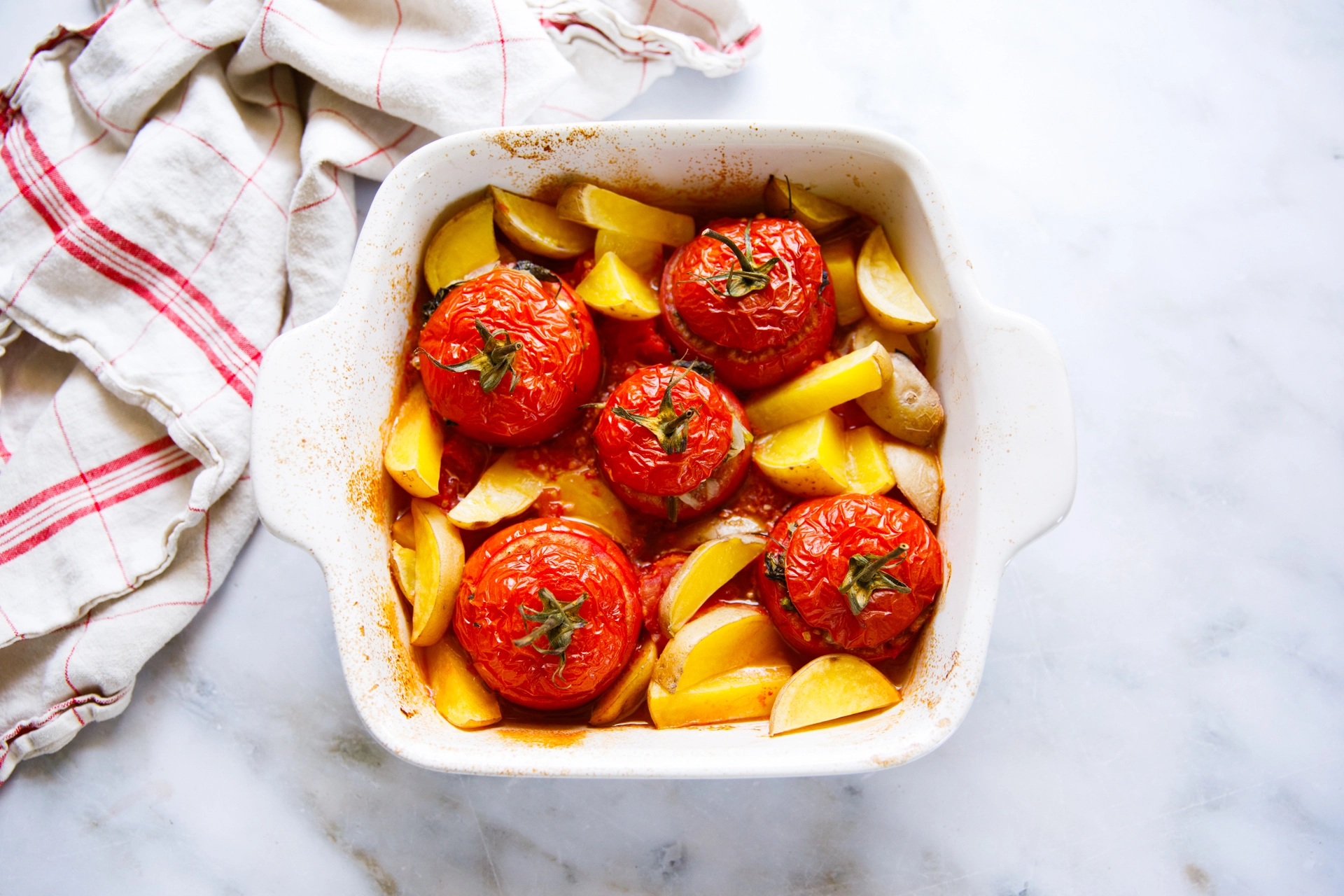 Gemista stuffed tomatoes overhead image