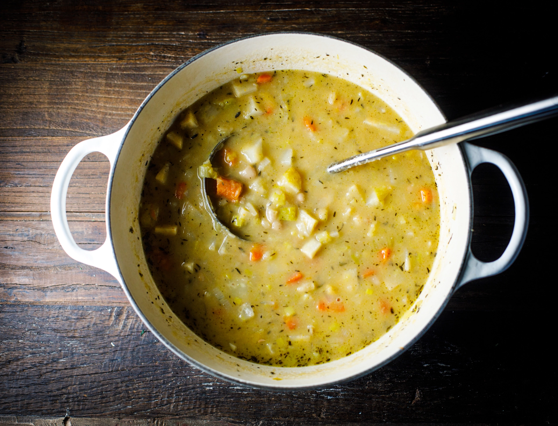 celery root soup in pot