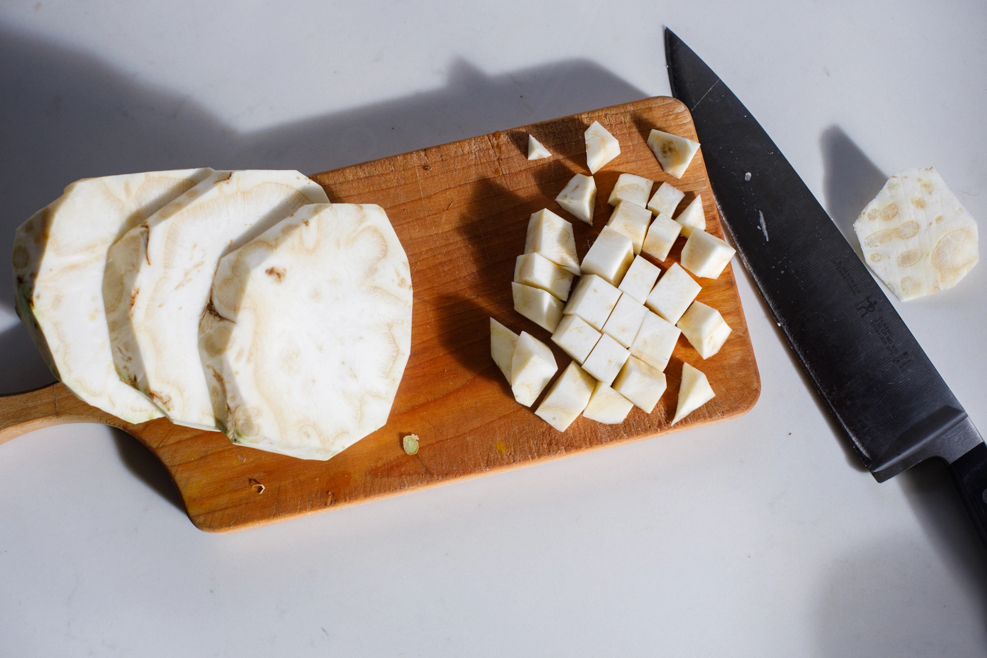 celery root sliced and chopped into cubes