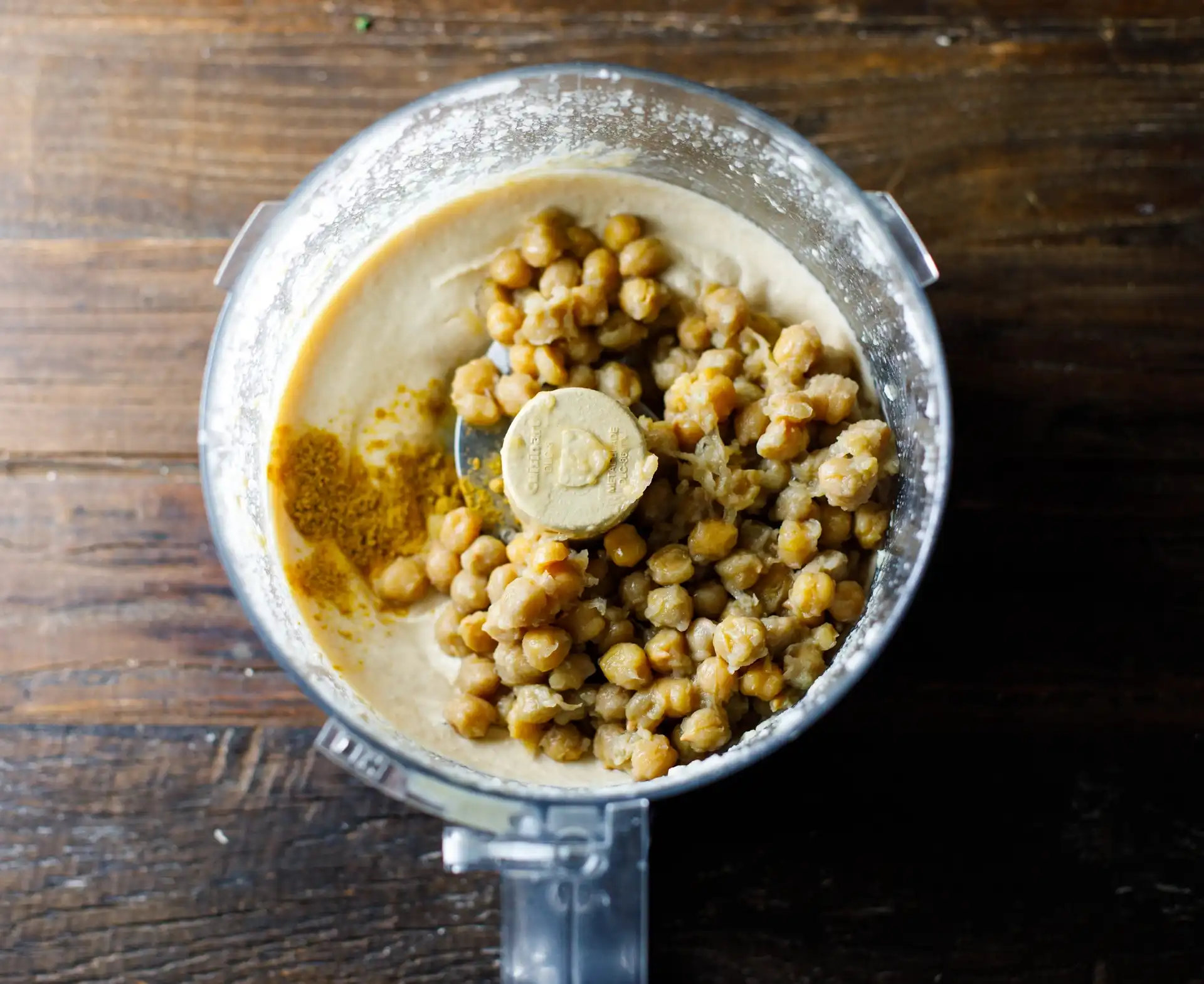 Hummus and roasted chickpeas in food processor
