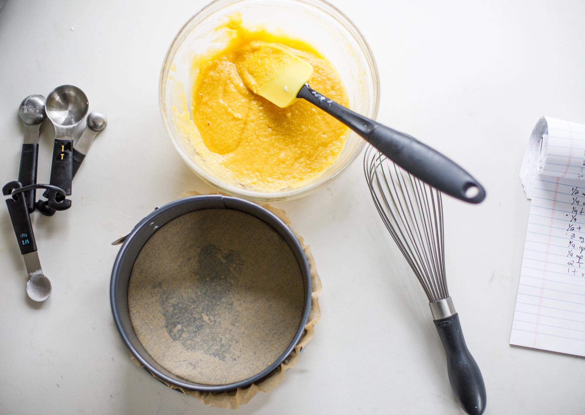 Yellow birthday cake batter and prep