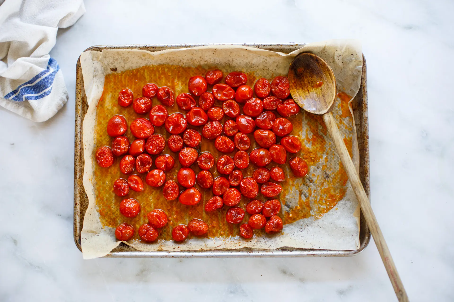Roasted cherry tomatoes on tray
