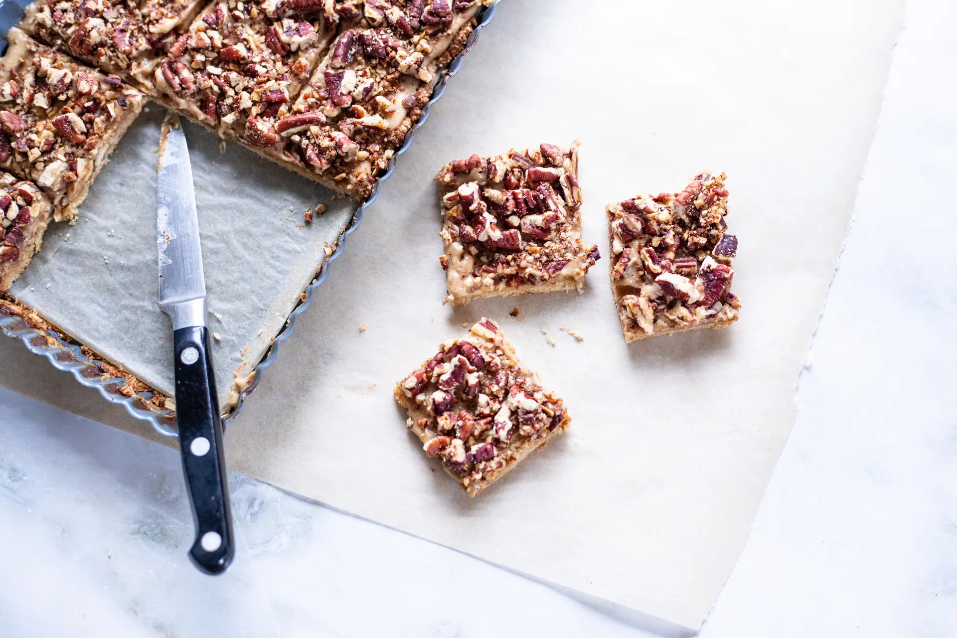 Pecan Caramel Bars sliced into bars