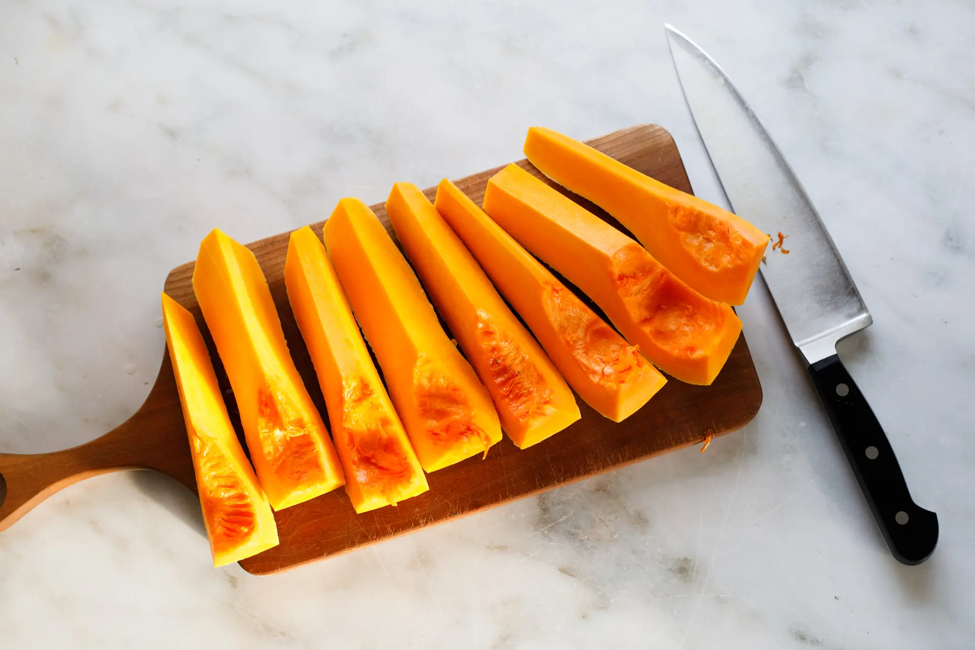 Sliced butternut squash sliced into strips