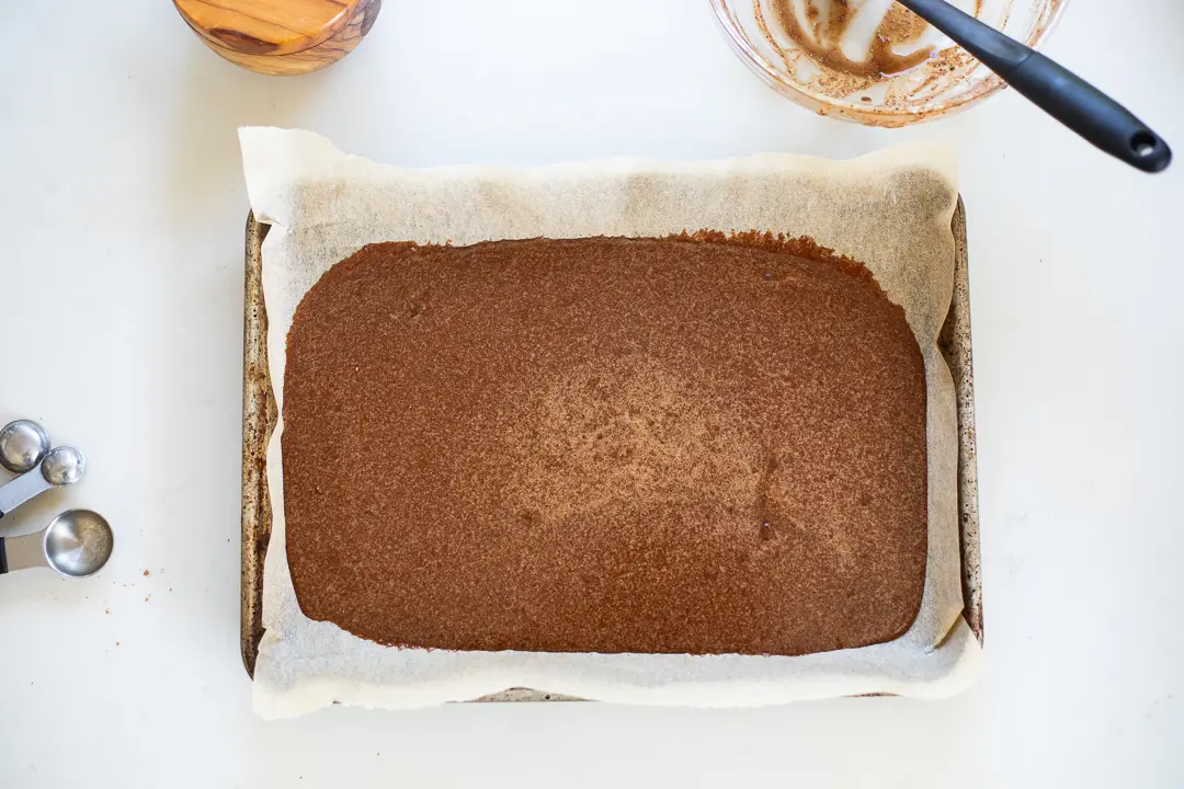 Chocolate Swiss Roll batter on baking pan