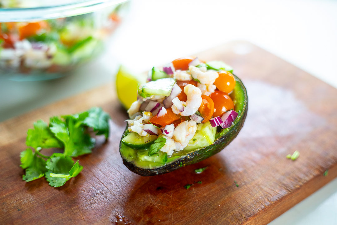 shrimp ceviche served in avocado