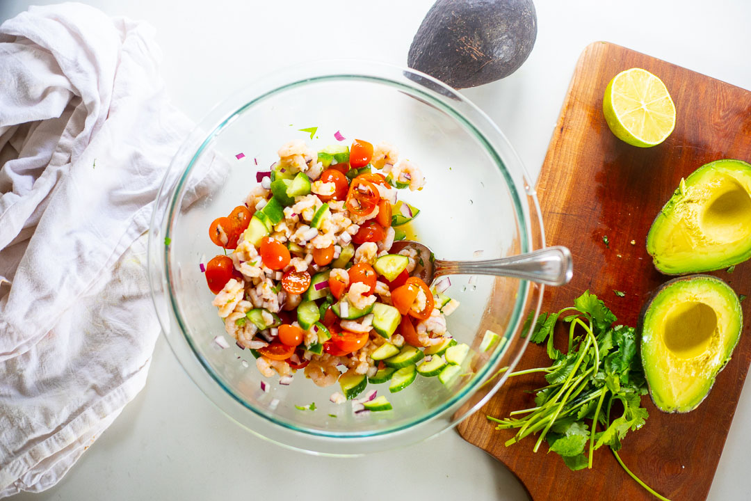 ceviche ingredients blended in glass bowl